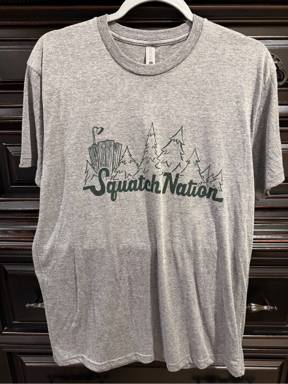 Next Level Apparel Gray Tee with Green 'Squatch Nation' Forest Graphic